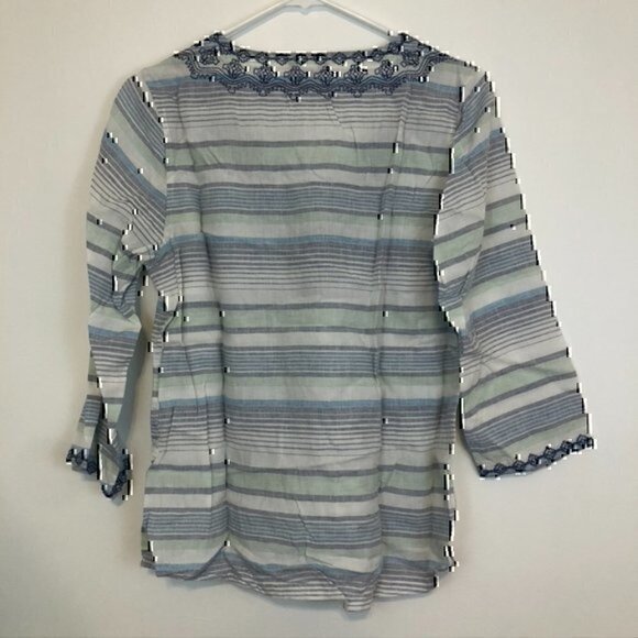 EDDIE BAUER Vista Point Embroidered Tunic White Navy Blue Striped 3/4 Sleeve S - Picture 8 of 9
